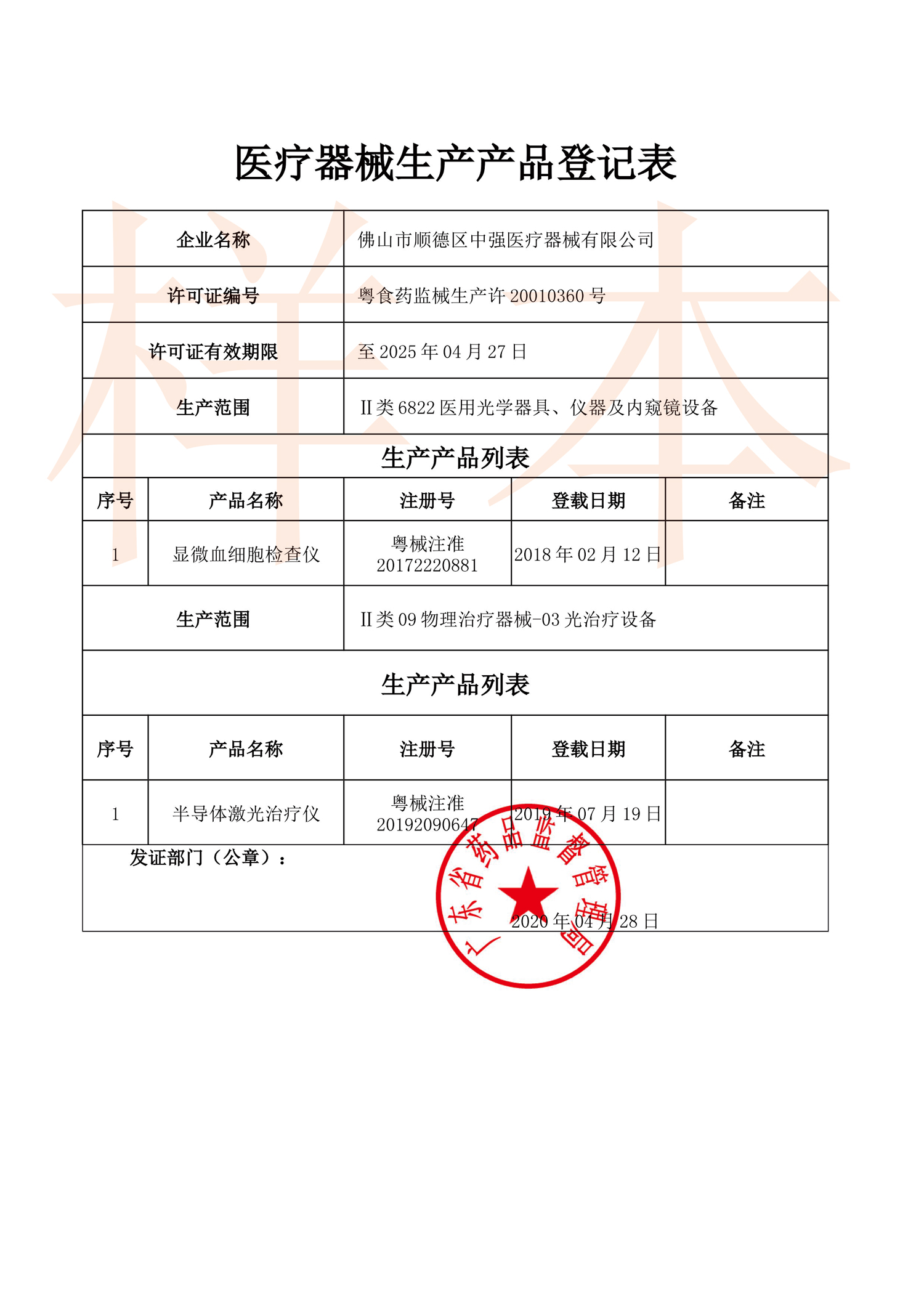 生产产品登记表